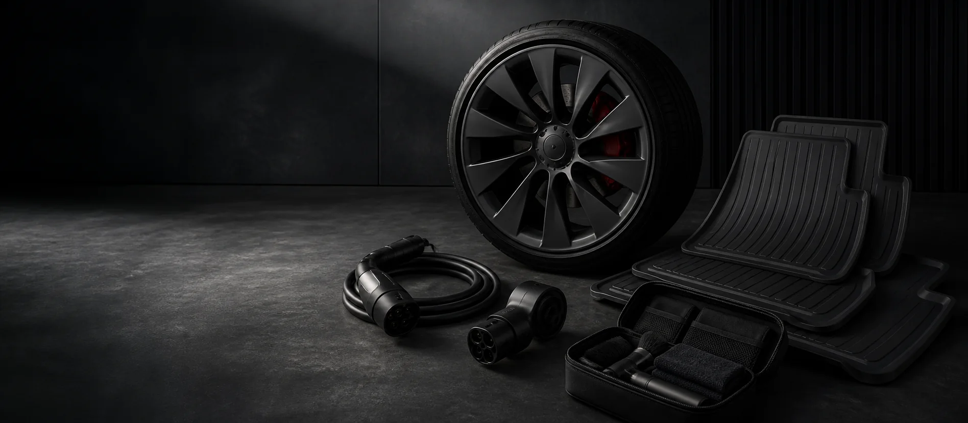 Kolo, nabíjecí kabely a koberečky pro vozy Tesla